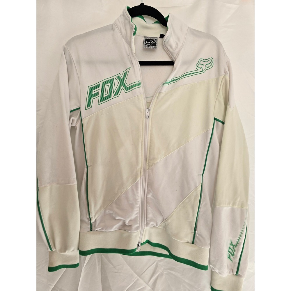 Vintage Fox Racing White Green Track Jacket Full Zip Athletic Moto‎ Style Size S